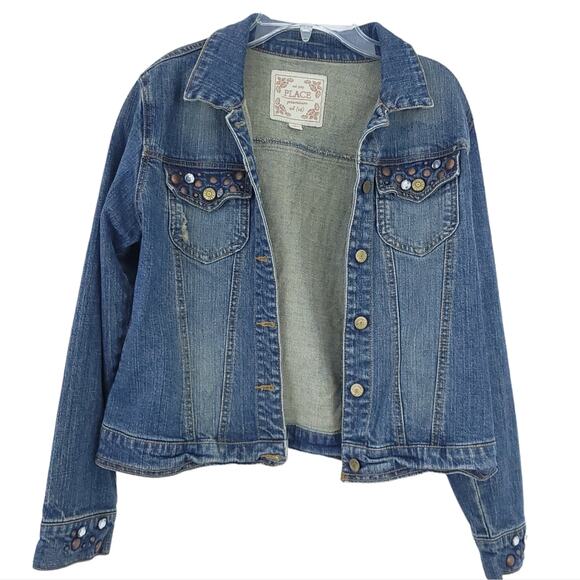Children's Place Blue Jean Jacket Girls XL 14, Distress Bling Rhinestone Rivets - Picture 1 of 6